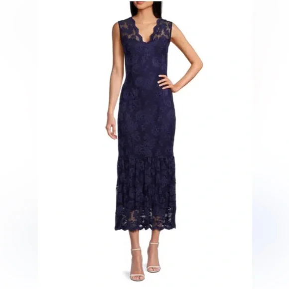 MARINA | Dresses | Nwt Marina Scallop Lace Sleeveless Midi Dress In Navy |  Poshmark